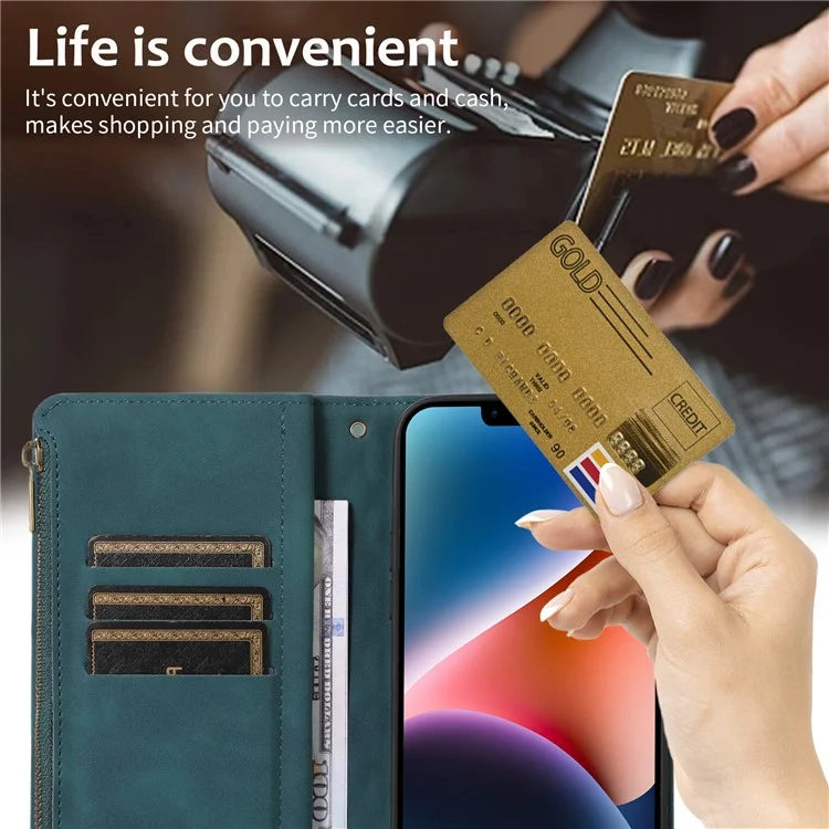 For iPhone 13 6.1 inch Magnetic Case 9 Card Slots Zipper Pocket Phone Cover with Wrist Strap