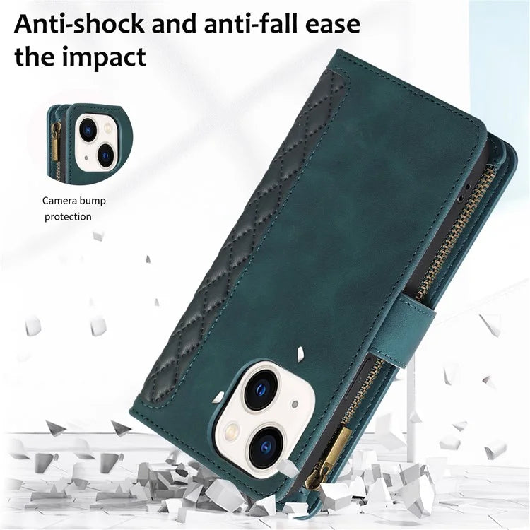 For iPhone 13 6.1 inch Magnetic Case 9 Card Slots Zipper Pocket Phone Cover with Wrist Strap