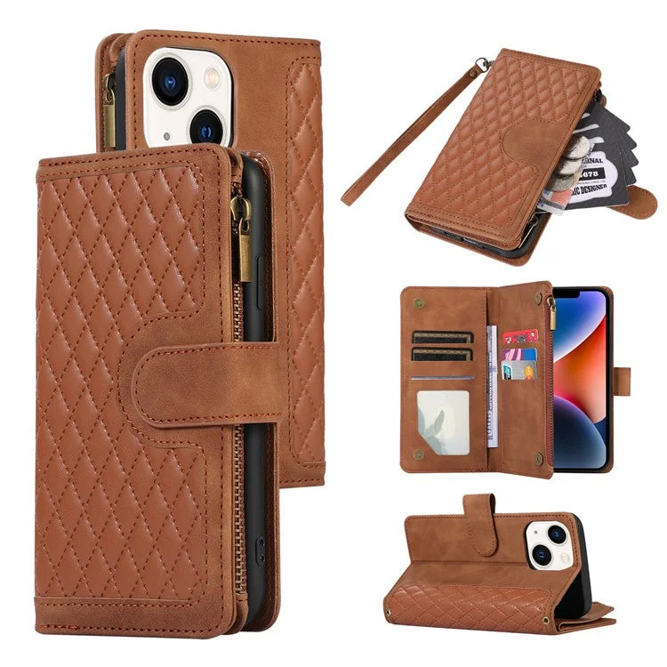 For iPhone 13 6.1 inch Magnetic Case 9 Card Slots Zipper Pocket Phone Cover with Wrist Strap
