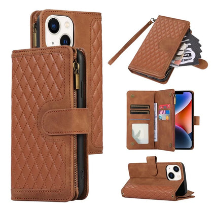 For iPhone 13 6.1 inch Magnetic Case 9 Card Slots Zipper Pocket Phone Cover with Wrist Strap