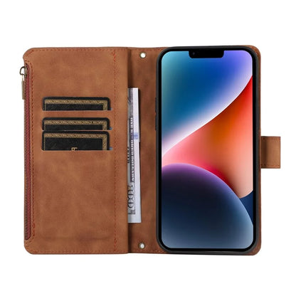 For iPhone 13 6.1 inch Magnetic Case 9 Card Slots Zipper Pocket Phone Cover with Wrist Strap