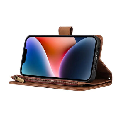 For iPhone 13 6.1 inch Magnetic Case 9 Card Slots Zipper Pocket Phone Cover with Wrist Strap