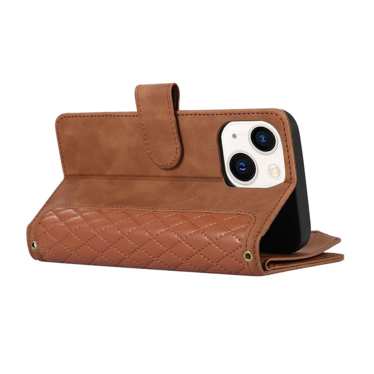 For iPhone 13 6.1 inch Magnetic Case 9 Card Slots Zipper Pocket Phone Cover with Wrist Strap