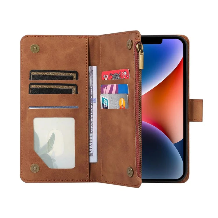 For iPhone 13 6.1 inch Magnetic Case 9 Card Slots Zipper Pocket Phone Cover with Wrist Strap