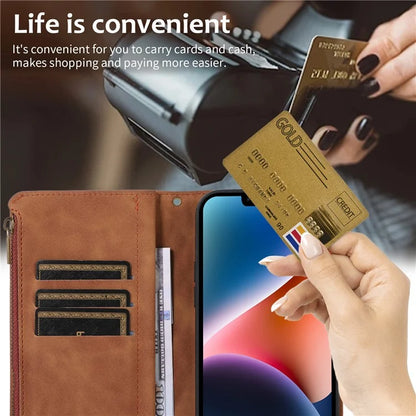 For iPhone 13 6.1 inch Magnetic Case 9 Card Slots Zipper Pocket Phone Cover with Wrist Strap