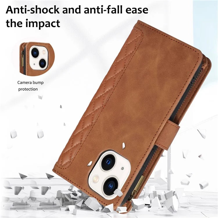 For iPhone 13 6.1 inch Magnetic Case 9 Card Slots Zipper Pocket Phone Cover with Wrist Strap