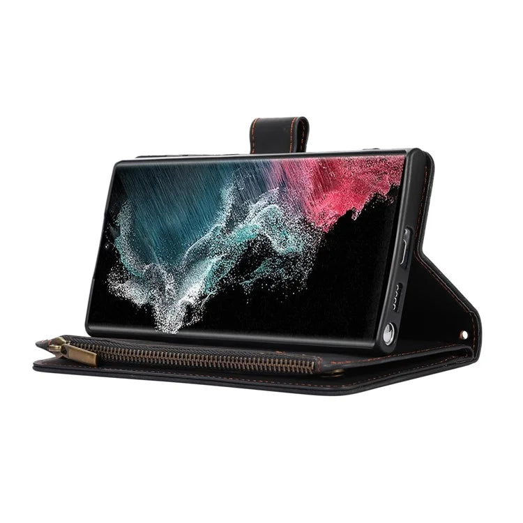 For Samsung Galaxy S22 Ultra 5G Cell Phone Case 9 Card Slots Zipper Pocket PU Leather Cover