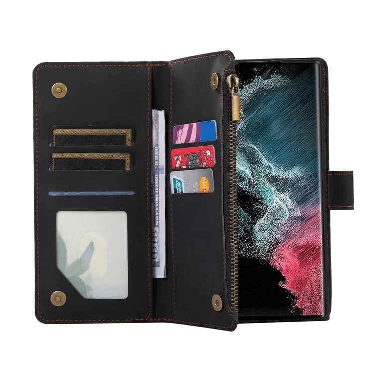 For Samsung Galaxy S22 Ultra 5G Cell Phone Case 9 Card Slots Zipper Pocket PU Leather Cover