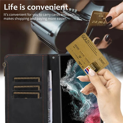 For Samsung Galaxy S22 Ultra 5G Cell Phone Case 9 Card Slots Zipper Pocket PU Leather Cover