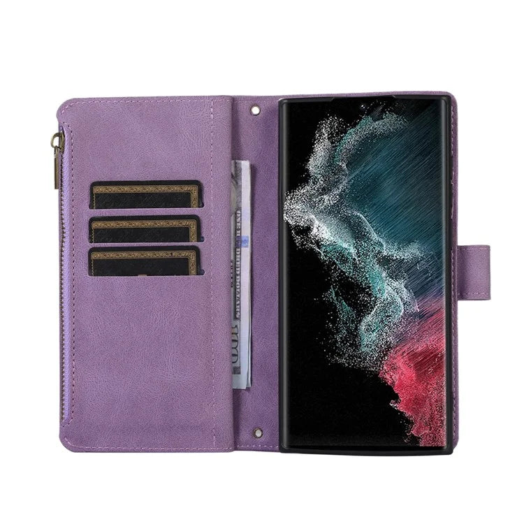 For Samsung Galaxy S22 Ultra 5G Cell Phone Case 9 Card Slots Zipper Pocket PU Leather Cover