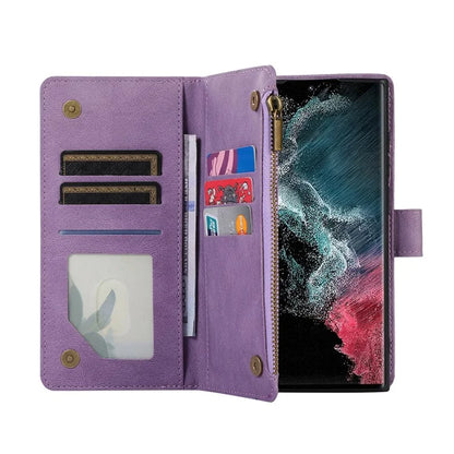 For Samsung Galaxy S22 Ultra 5G Cell Phone Case 9 Card Slots Zipper Pocket PU Leather Cover