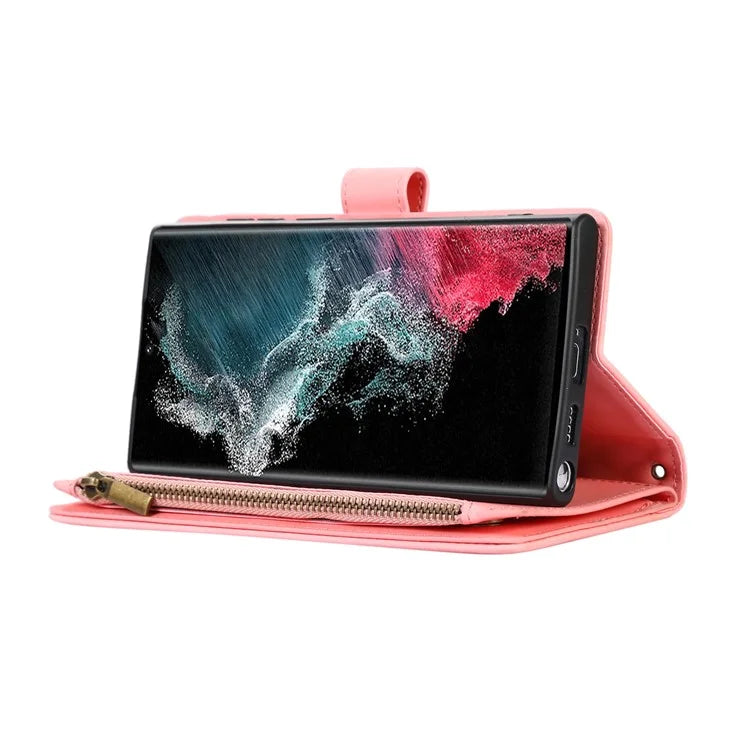 For Samsung Galaxy S22 Ultra 5G Cell Phone Case 9 Card Slots Zipper Pocket PU Leather Cover