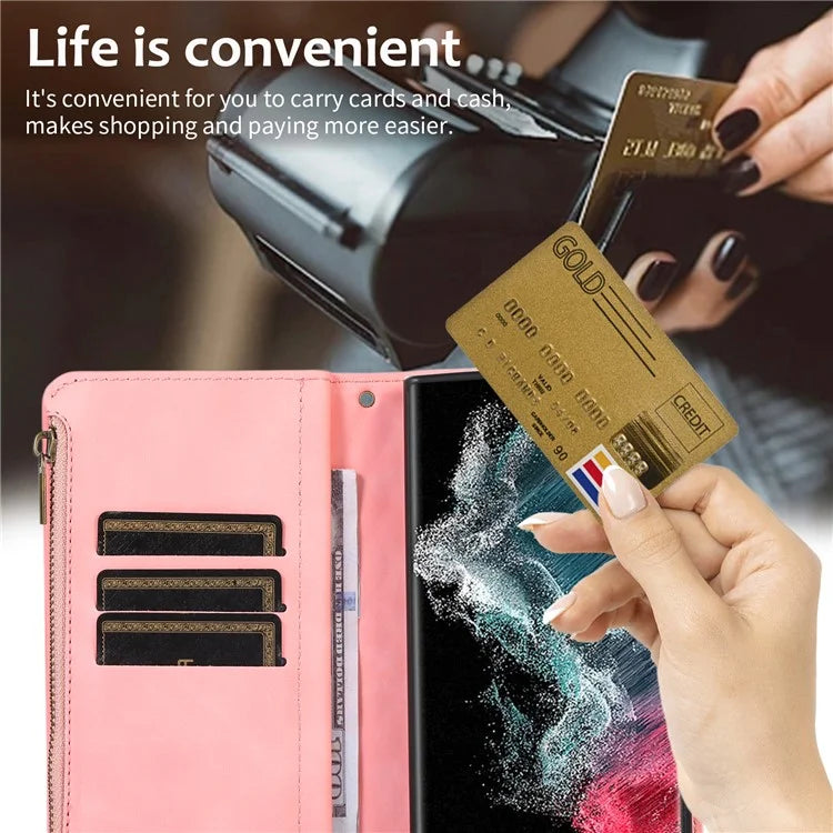 For Samsung Galaxy S22 Ultra 5G Cell Phone Case 9 Card Slots Zipper Pocket PU Leather Cover