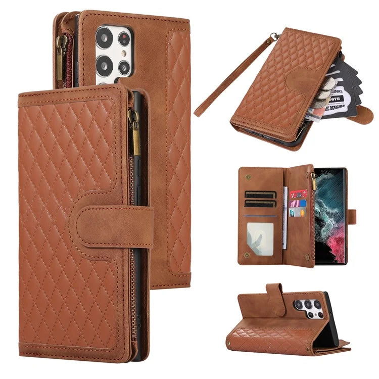 For Samsung Galaxy S22 Ultra 5G Cell Phone Case 9 Card Slots Zipper Pocket PU Leather Cover