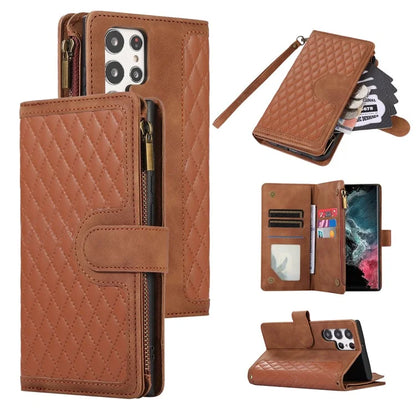 For Samsung Galaxy S22 Ultra 5G Cell Phone Case 9 Card Slots Zipper Pocket PU Leather Cover