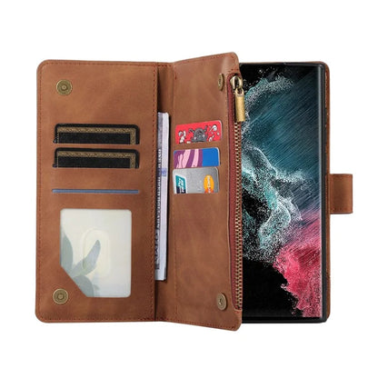 For Samsung Galaxy S22 Ultra 5G Cell Phone Case 9 Card Slots Zipper Pocket PU Leather Cover