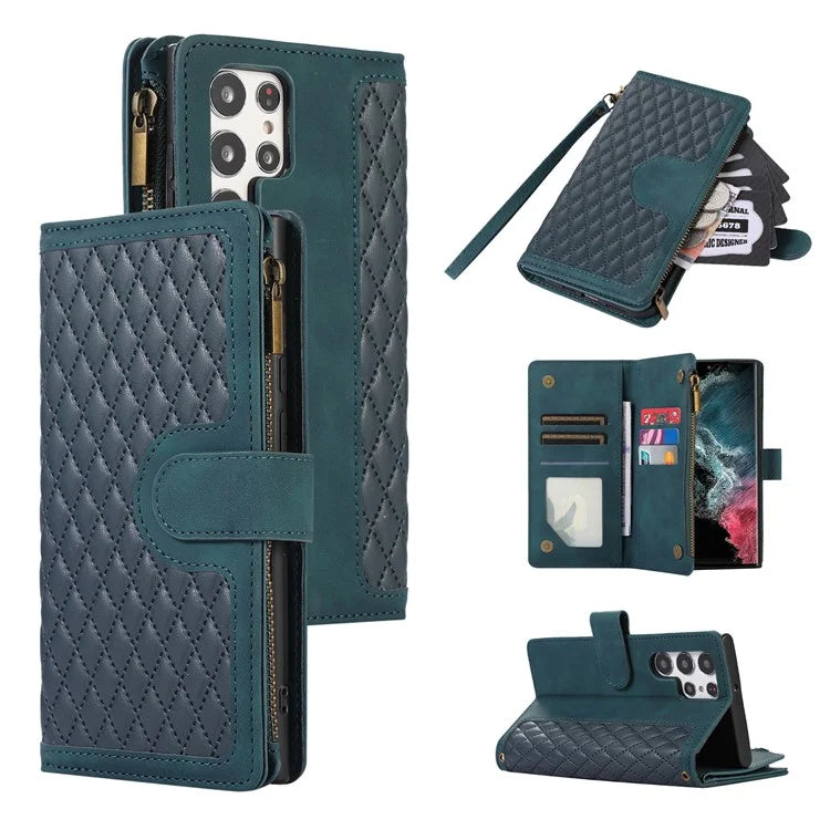 For Samsung Galaxy S22 Ultra 5G Cell Phone Case 9 Card Slots Zipper Pocket PU Leather Cover
