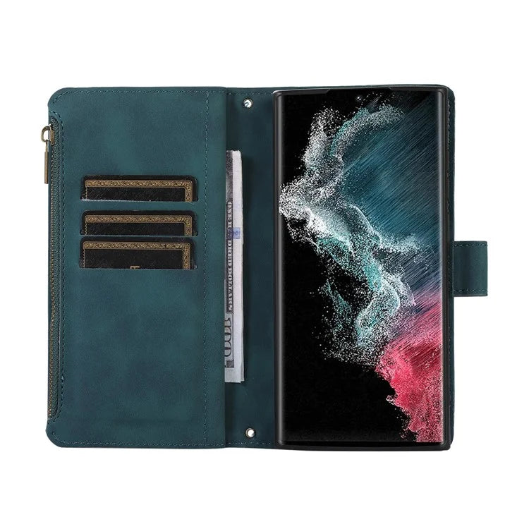 For Samsung Galaxy S22 Ultra 5G Cell Phone Case 9 Card Slots Zipper Pocket PU Leather Cover