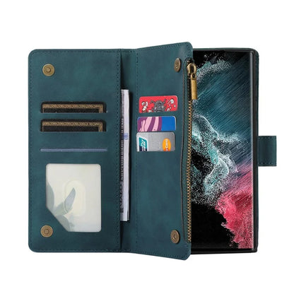 For Samsung Galaxy S22 Ultra 5G Cell Phone Case 9 Card Slots Zipper Pocket PU Leather Cover