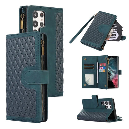 For Samsung Galaxy S21 Ultra 5G Cell Phone Case Rhombus Imprint Leather Wallet Cover with Wrist strap