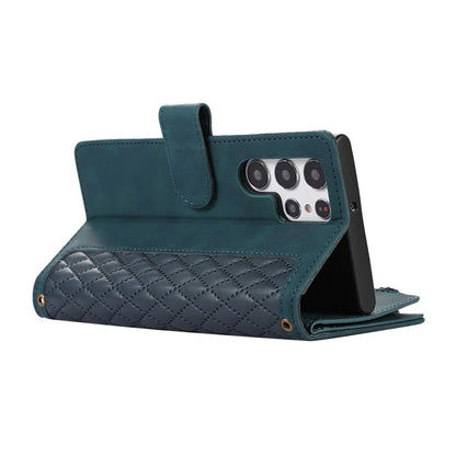 For Samsung Galaxy S21 Ultra 5G Cell Phone Case Rhombus Imprint Leather Wallet Cover with Wrist strap