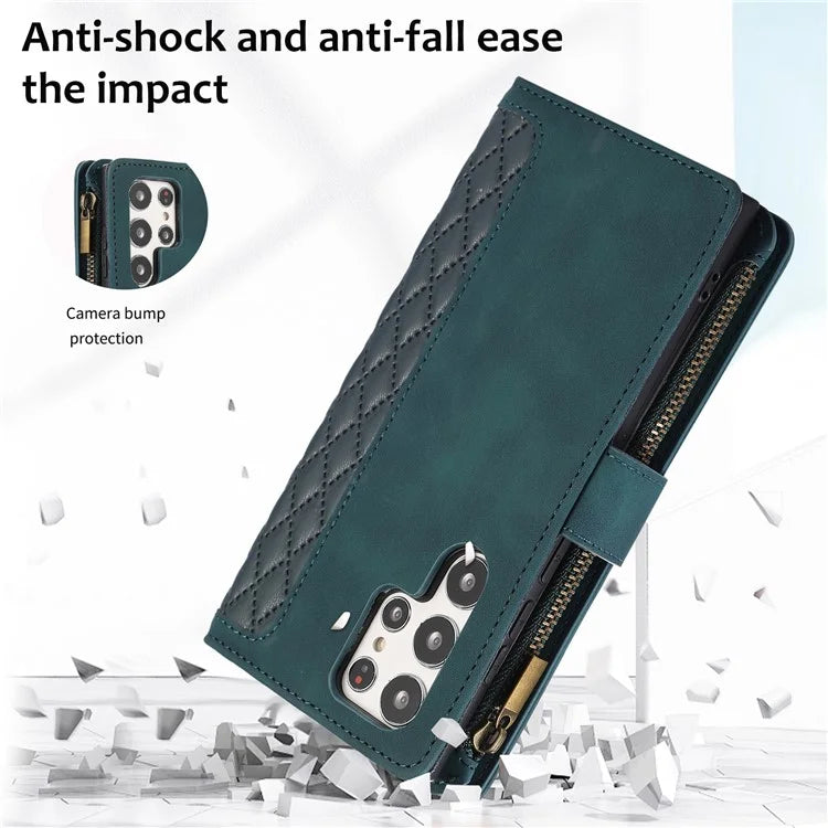 For Samsung Galaxy S21 Ultra 5G Cell Phone Case Rhombus Imprint Leather Wallet Cover with Wrist strap