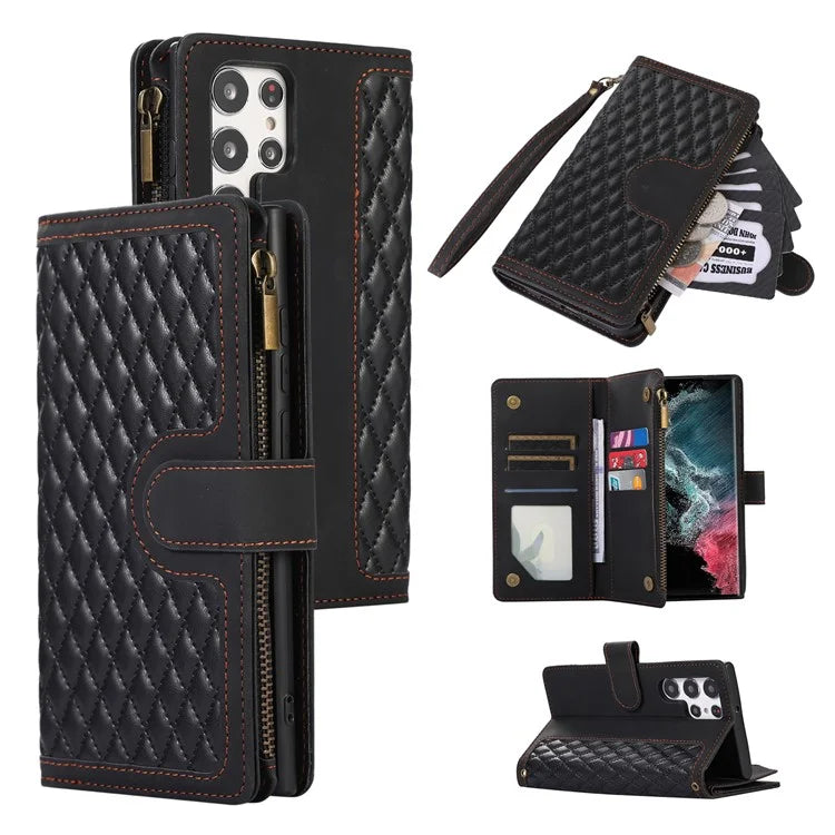 For Samsung Galaxy S21 Ultra 5G Cell Phone Case Rhombus Imprint Leather Wallet Cover with Wrist strap