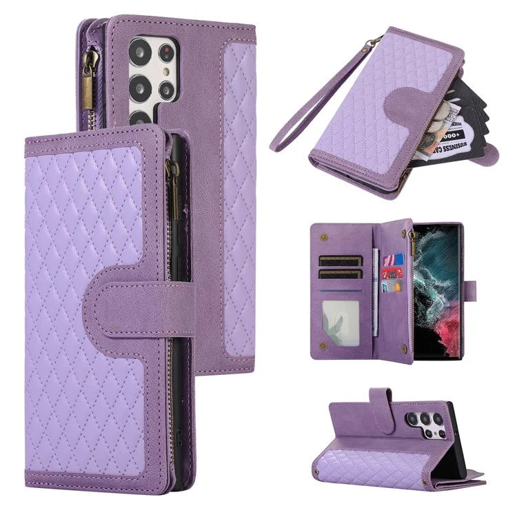 For Samsung Galaxy S21 Ultra 5G Cell Phone Case Rhombus Imprint Leather Wallet Cover with Wrist strap