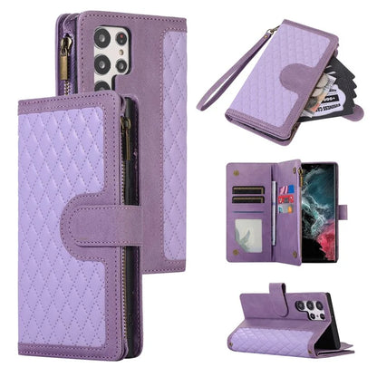 For Samsung Galaxy S21 Ultra 5G Cell Phone Case Rhombus Imprint Leather Wallet Cover with Wrist strap