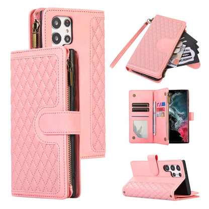 For Samsung Galaxy S21 Ultra 5G Cell Phone Case Rhombus Imprint Leather Wallet Cover with Wrist strap