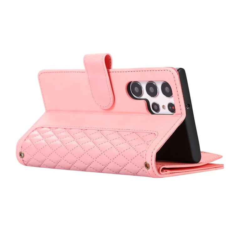 For Samsung Galaxy S21 Ultra 5G Cell Phone Case Rhombus Imprint Leather Wallet Cover with Wrist strap