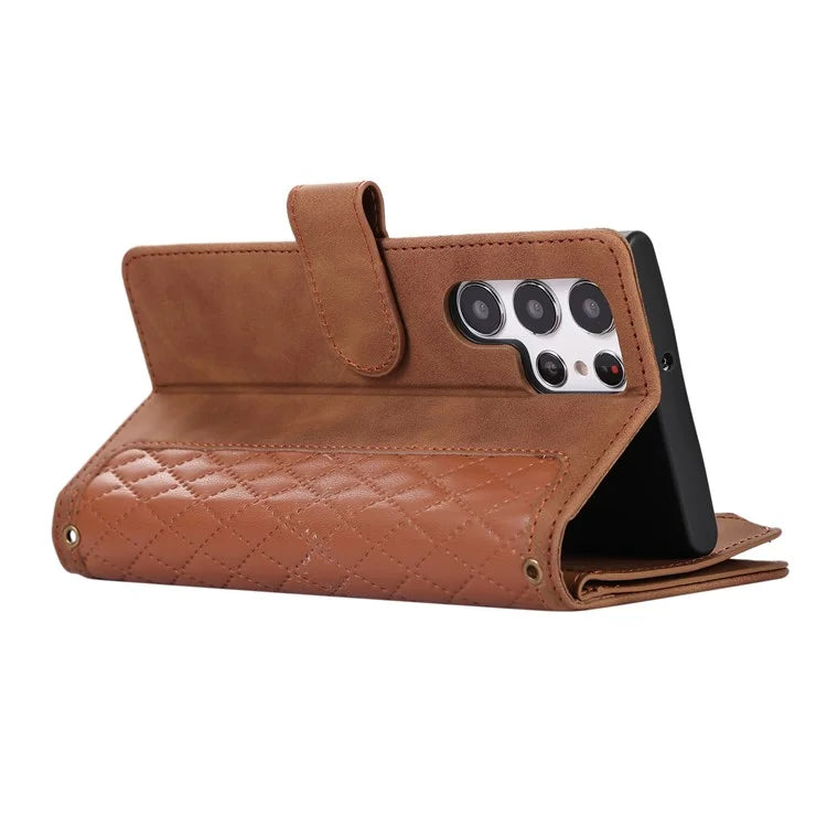 For Samsung Galaxy S21 Ultra 5G Cell Phone Case Rhombus Imprint Leather Wallet Cover with Wrist strap