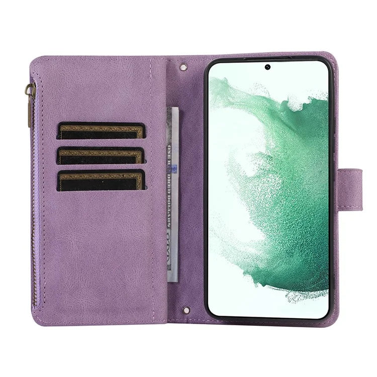 For Samsung Galaxy S21+ 5G Magnetic Phone Case Zipper Pocket 9 Card Slots PU Leather Stand Cover