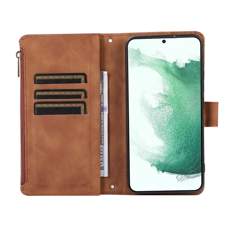 For Samsung Galaxy S21+ 5G Magnetic Phone Case Zipper Pocket 9 Card Slots PU Leather Stand Cover