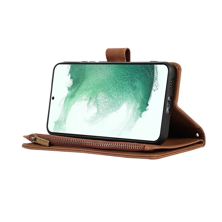 For Samsung Galaxy S21+ 5G Magnetic Phone Case Zipper Pocket 9 Card Slots PU Leather Stand Cover