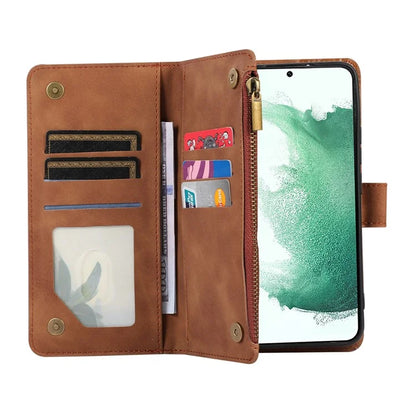 For Samsung Galaxy S21+ 5G Magnetic Phone Case Zipper Pocket 9 Card Slots PU Leather Stand Cover