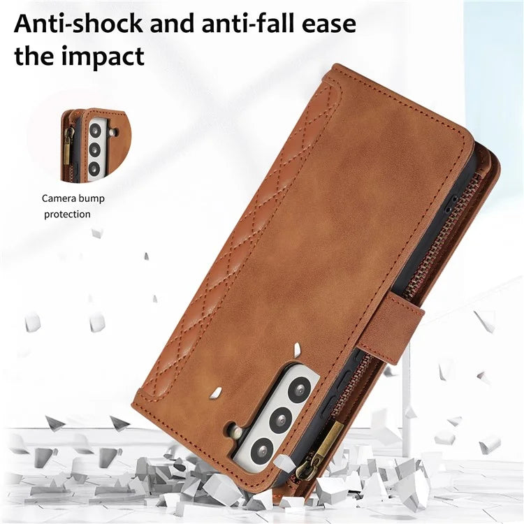 For Samsung Galaxy S21+ 5G Magnetic Phone Case Zipper Pocket 9 Card Slots PU Leather Stand Cover