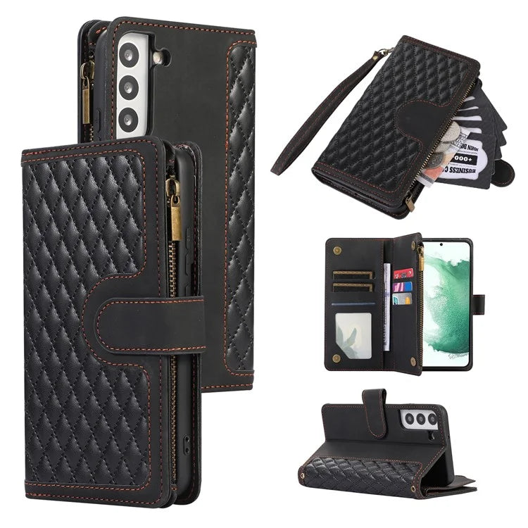 For Samsung Galaxy S21+ 5G Magnetic Phone Case Zipper Pocket 9 Card Slots PU Leather Stand Cover