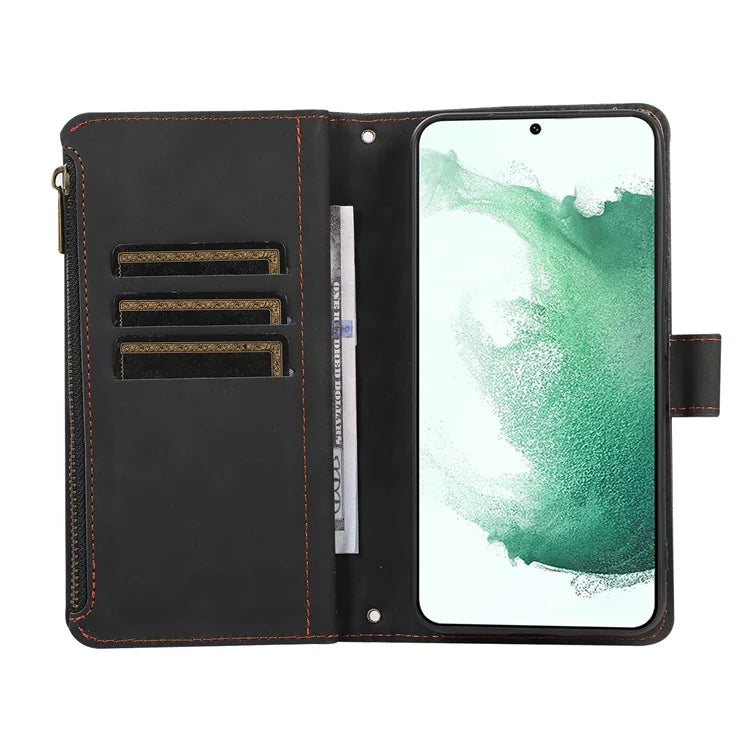 For Samsung Galaxy S21+ 5G Magnetic Phone Case Zipper Pocket 9 Card Slots PU Leather Stand Cover