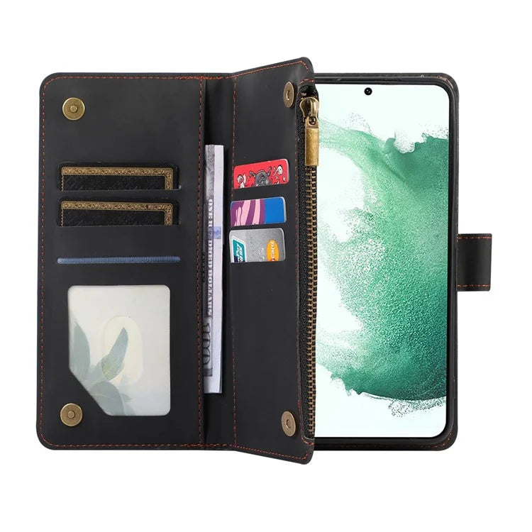 For Samsung Galaxy S21+ 5G Magnetic Phone Case Zipper Pocket 9 Card Slots PU Leather Stand Cover