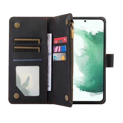 For Samsung Galaxy S21+ 5G Magnetic Phone Case Zipper Pocket 9 Card Slots PU Leather Stand Cover
