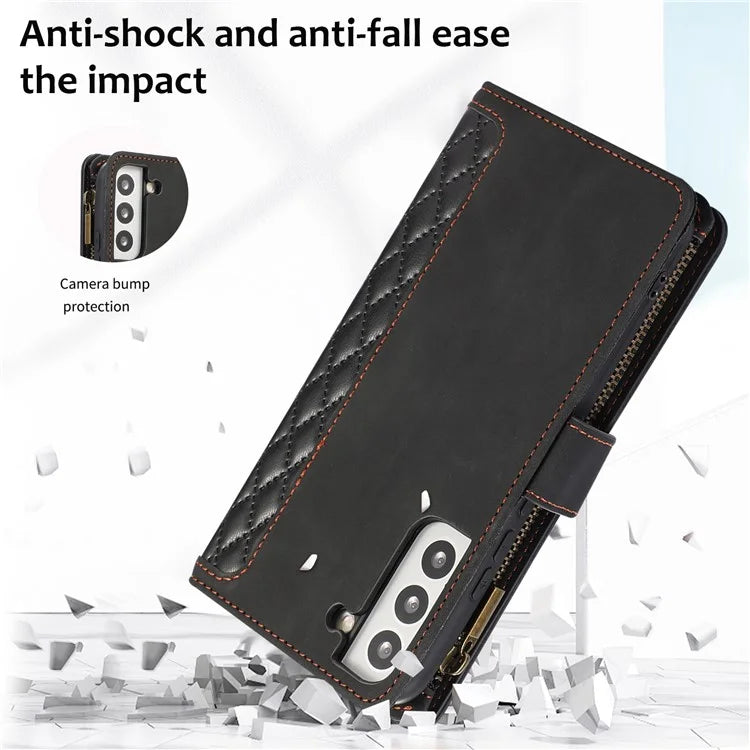 For Samsung Galaxy S21+ 5G Magnetic Phone Case Zipper Pocket 9 Card Slots PU Leather Stand Cover