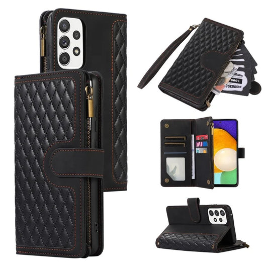 For Samsung Galaxy A73 5G Cell Phone Case Anti-drop 9 Card Slots Wallet Cover with Wrist Strap
