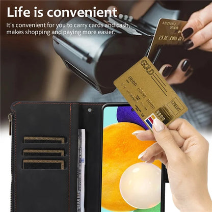 For Samsung Galaxy A73 5G Cell Phone Case Anti-drop 9 Card Slots Wallet Cover with Wrist Strap