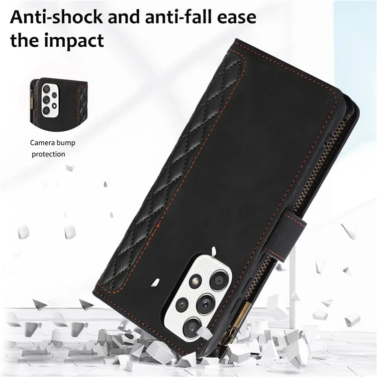For Samsung Galaxy A73 5G Cell Phone Case Anti-drop 9 Card Slots Wallet Cover with Wrist Strap