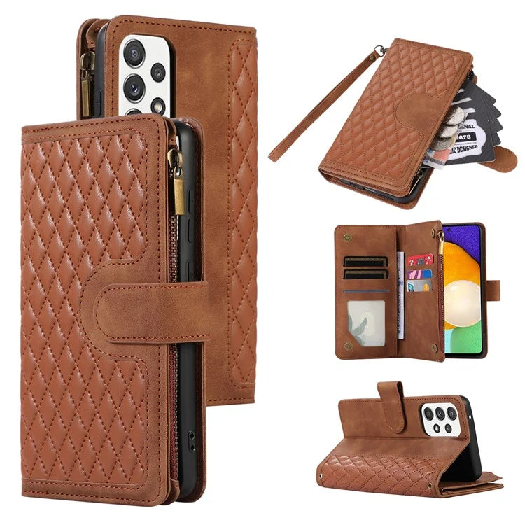For Samsung Galaxy A73 5G Cell Phone Case Anti-drop 9 Card Slots Wallet Cover with Wrist Strap