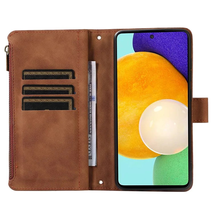 For Samsung Galaxy A73 5G Cell Phone Case Anti-drop 9 Card Slots Wallet Cover with Wrist Strap