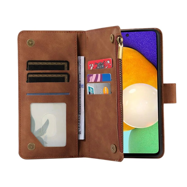 For Samsung Galaxy A73 5G Cell Phone Case Anti-drop 9 Card Slots Wallet Cover with Wrist Strap