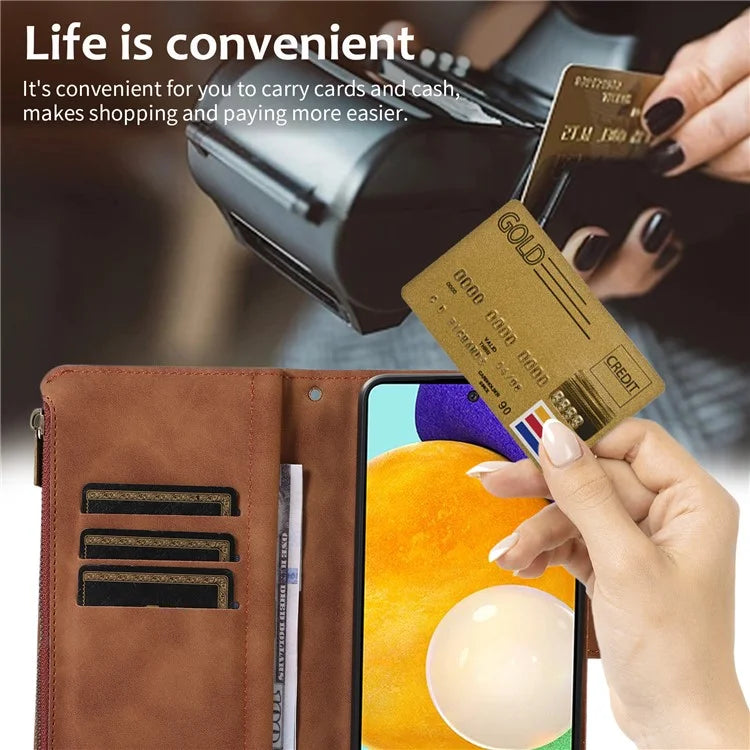 For Samsung Galaxy A73 5G Cell Phone Case Anti-drop 9 Card Slots Wallet Cover with Wrist Strap