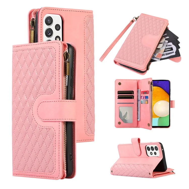 For Samsung Galaxy A73 5G Cell Phone Case Anti-drop 9 Card Slots Wallet Cover with Wrist Strap